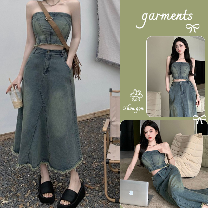 Áo denim áo ống+ váy denim cạp cao Bộ đồ dạo phố mùa hè cho nữ sét váy thời trang cổ điển phong cách ngọt ngào và cay