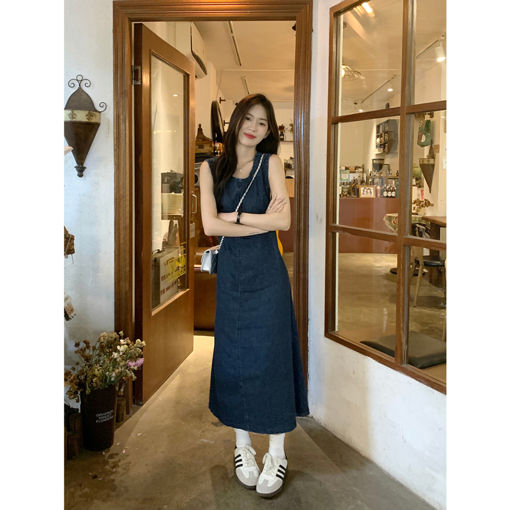 Đầm Denim Sát Nách Dáng Dài Hở Lưng Phong Cách Pháp Ngọt Ngào Thời Trang Cho Nữ