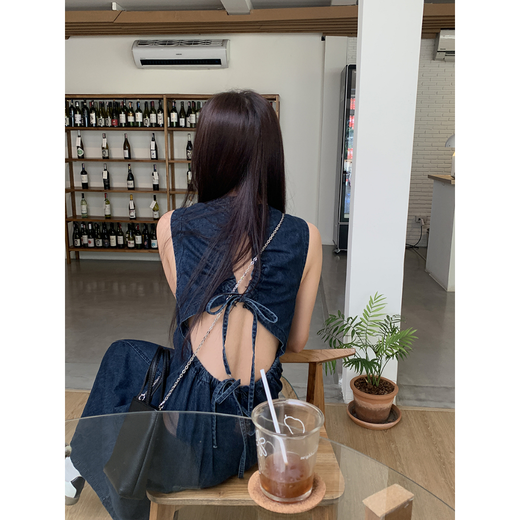 Đầm Denim Sát Nách Dáng Dài Hở Lưng Phong Cách Pháp Ngọt Ngào Thời Trang Cho Nữ