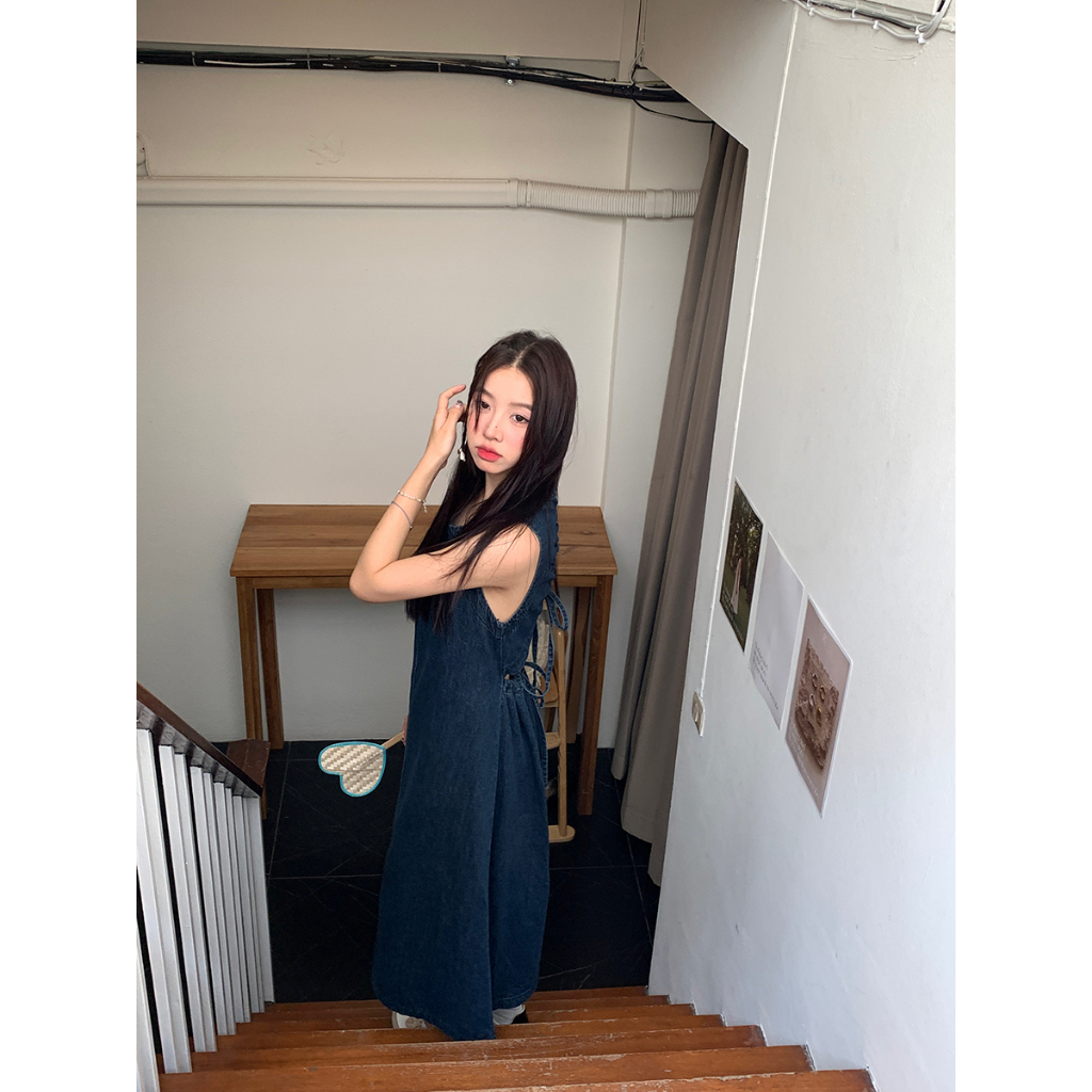 Đầm Denim Sát Nách Dáng Dài Hở Lưng Phong Cách Pháp Ngọt Ngào Thời Trang Cho Nữ