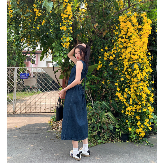 Đầm Denim Sát Nách Dáng Dài Hở Lưng Phong Cách Pháp Ngọt Ngào Thời Trang Cho Nữ