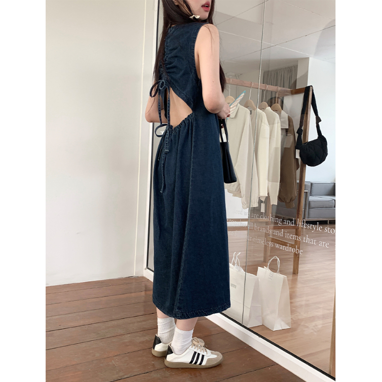 Đầm Denim Sát Nách Dáng Dài Hở Lưng Phong Cách Pháp Ngọt Ngào Thời Trang Cho Nữ