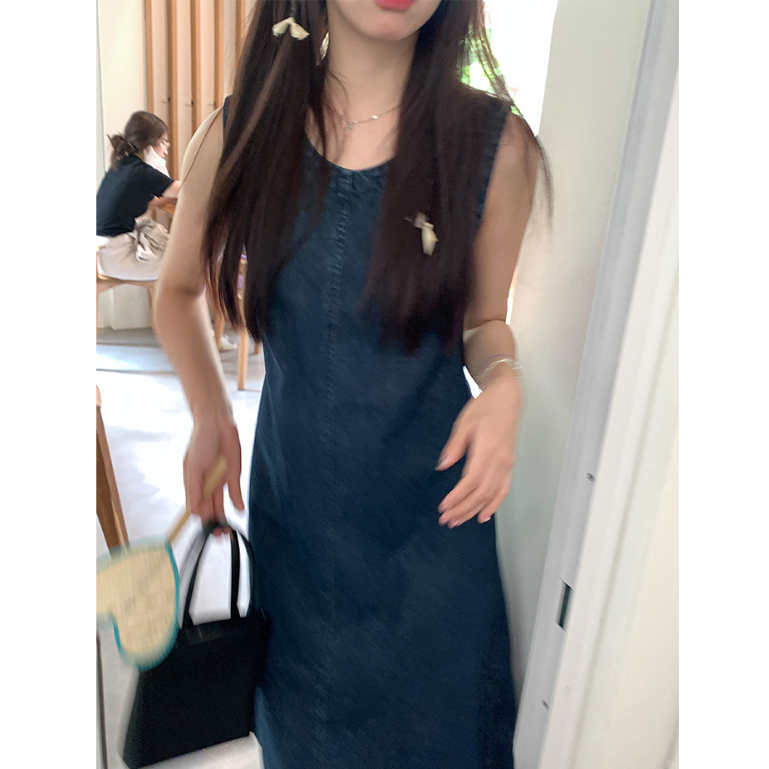 Đầm Denim Sát Nách Dáng Dài Hở Lưng Phong Cách Pháp Ngọt Ngào Thời Trang Cho Nữ