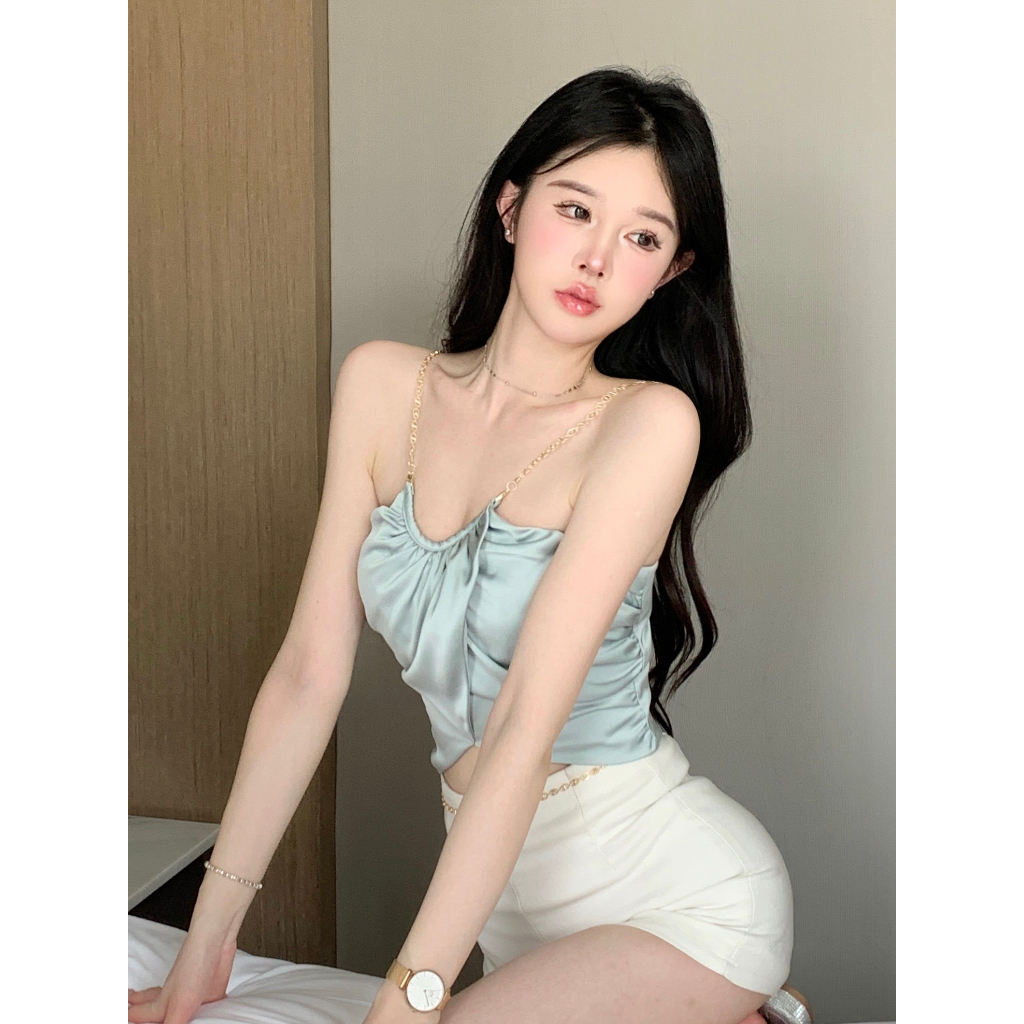 QADCOL Áo Hai Dây Ngắn Xếp Nếp Màu Xanh Dương Có Dây Xích Đeo Cổ Mùa Hè Mặc Ngoài Trời Cho Nữ