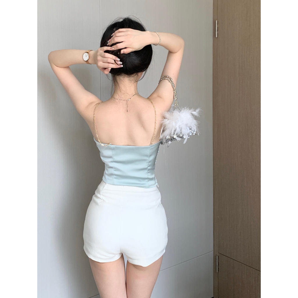 QADCOL Áo Hai Dây Ngắn Xếp Nếp Màu Xanh Dương Có Dây Xích Đeo Cổ Mùa Hè Mặc Ngoài Trời Cho Nữ