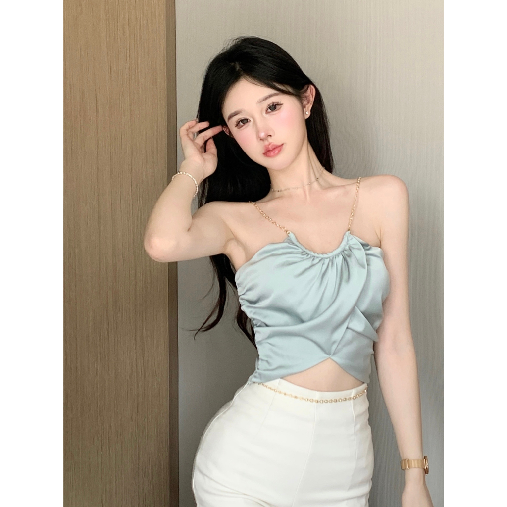 QADCOL Áo Hai Dây Ngắn Xếp Nếp Màu Xanh Dương Có Dây Xích Đeo Cổ Mùa Hè Mặc Ngoài Trời Cho Nữ