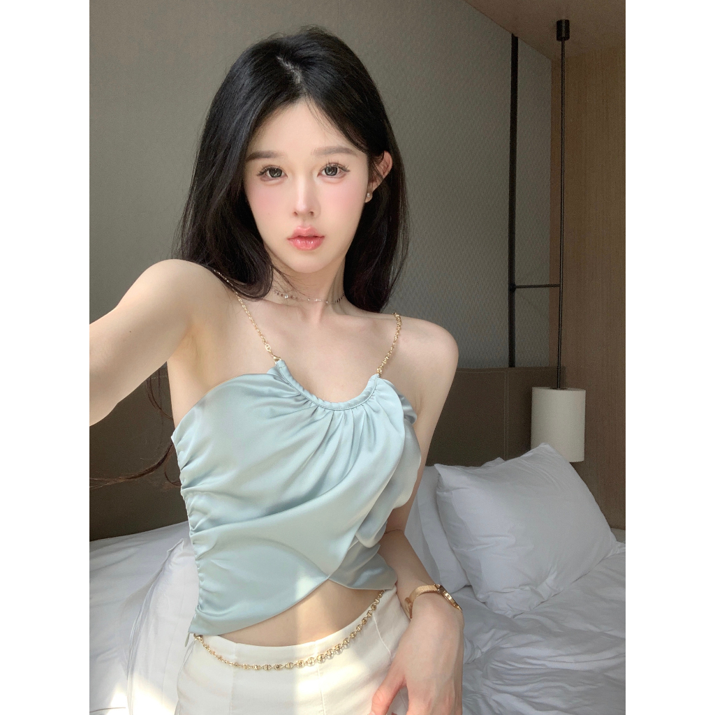 QADCOL Áo Hai Dây Ngắn Xếp Nếp Màu Xanh Dương Có Dây Xích Đeo Cổ Mùa Hè Mặc Ngoài Trời Cho Nữ