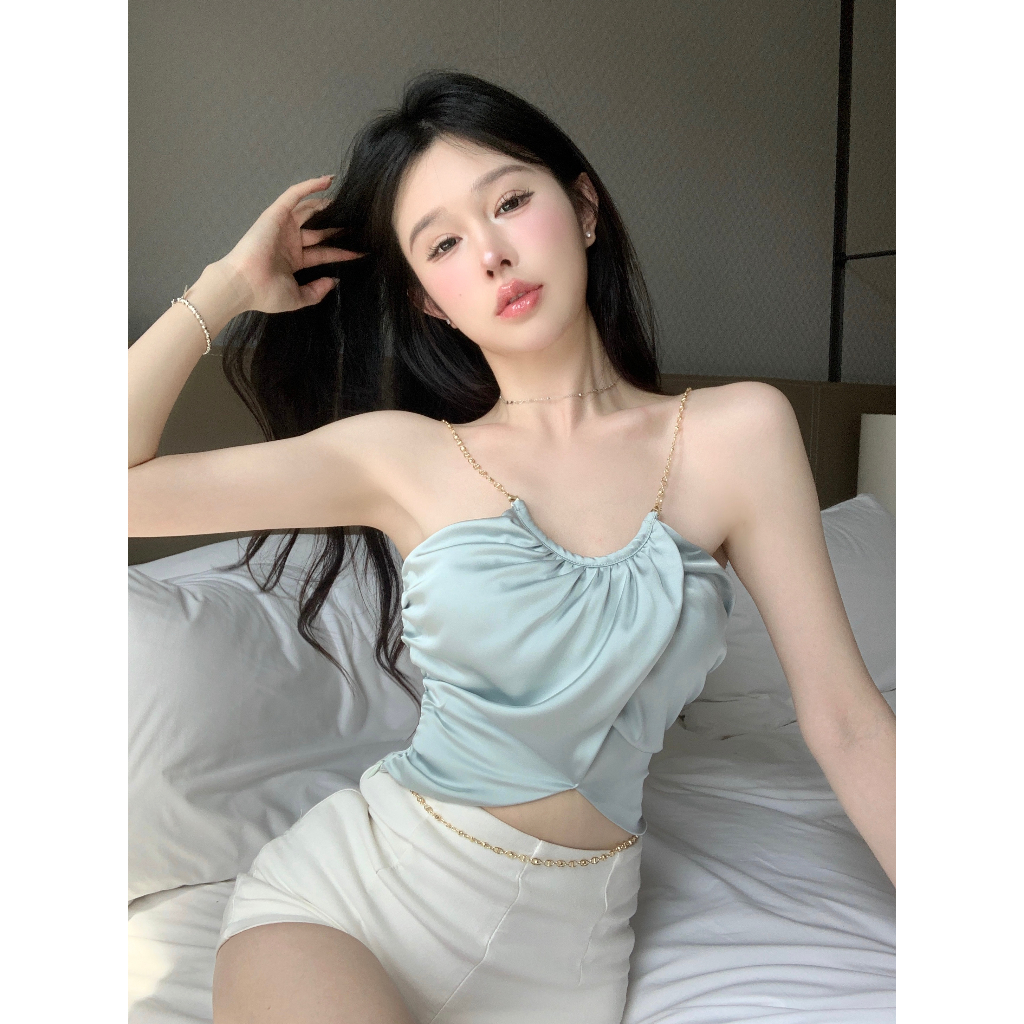 QADCOL Áo Hai Dây Ngắn Xếp Nếp Màu Xanh Dương Có Dây Xích Đeo Cổ Mùa Hè Mặc Ngoài Trời Cho Nữ