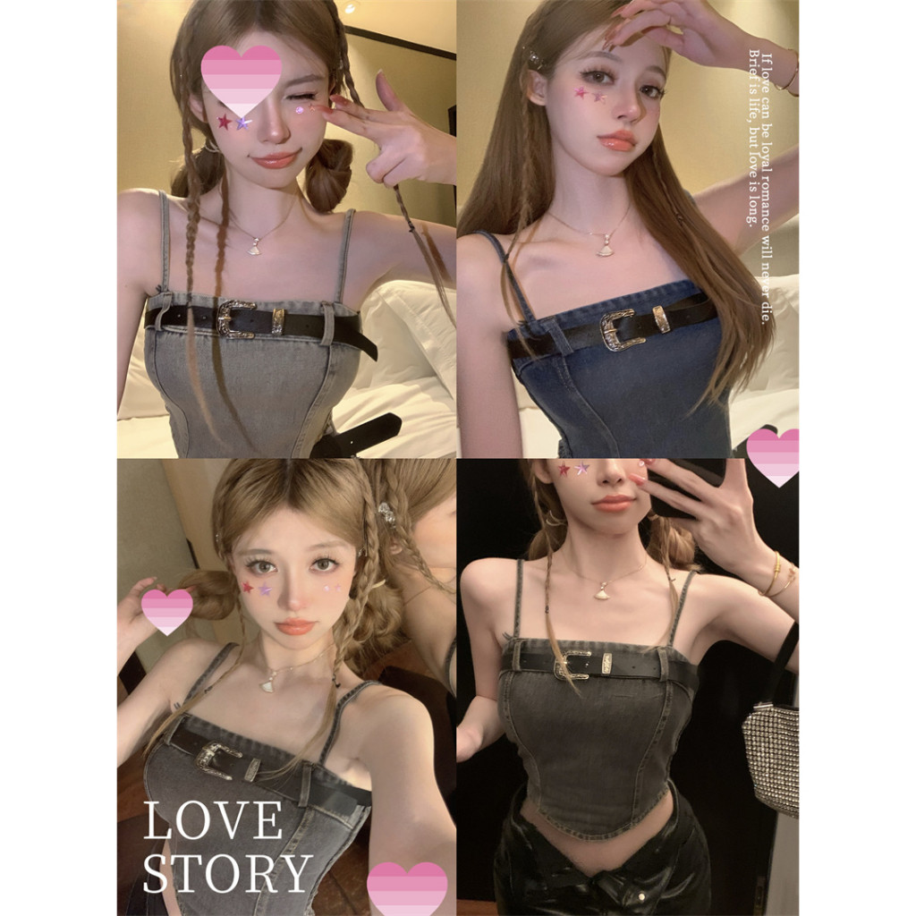 QADCOL Áo denim Hai Dây Dáng Ôm Ngắn Phong Cách retro Mùa Hè Mát Mẻ Dành Cho Bạn Nữ Mặc Ngoài Trời