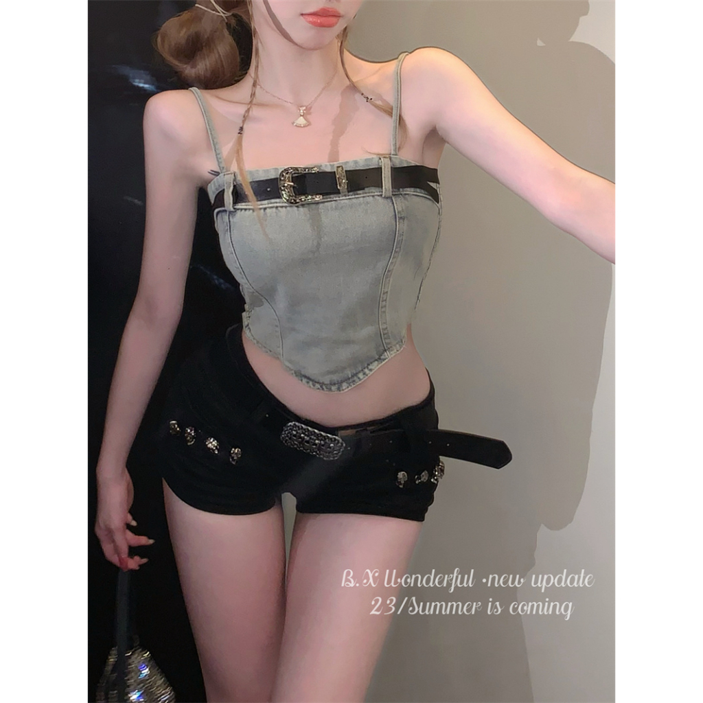 QADCOL Áo denim Hai Dây Dáng Ôm Ngắn Phong Cách retro Mùa Hè Mát Mẻ Dành Cho Bạn Nữ Mặc Ngoài Trời