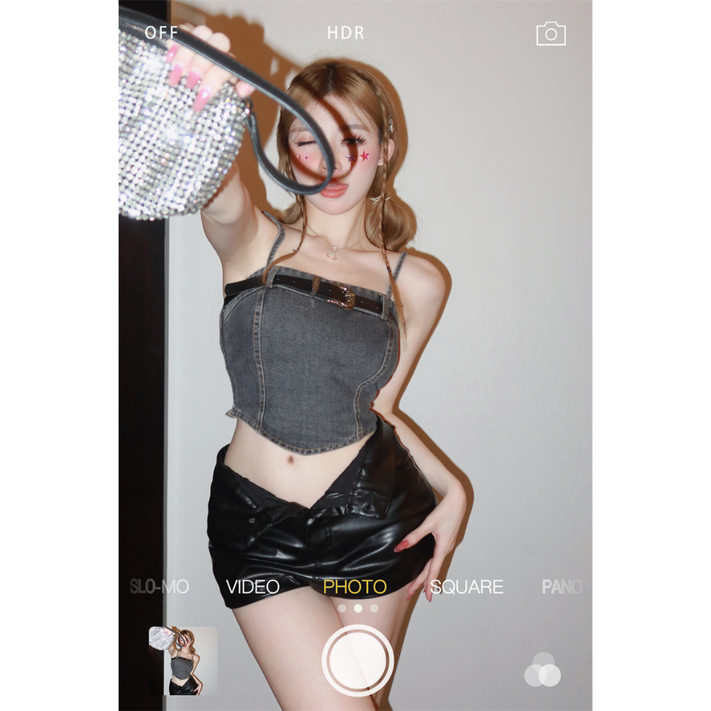 QADCOL Áo denim Hai Dây Dáng Ôm Ngắn Phong Cách retro Mùa Hè Mát Mẻ Dành Cho Bạn Nữ Mặc Ngoài Trời