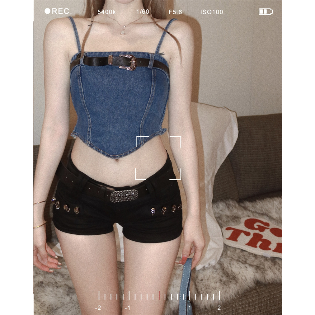 QADCOL Áo denim Hai Dây Dáng Ôm Ngắn Phong Cách retro Mùa Hè Mát Mẻ Dành Cho Bạn Nữ Mặc Ngoài Trời