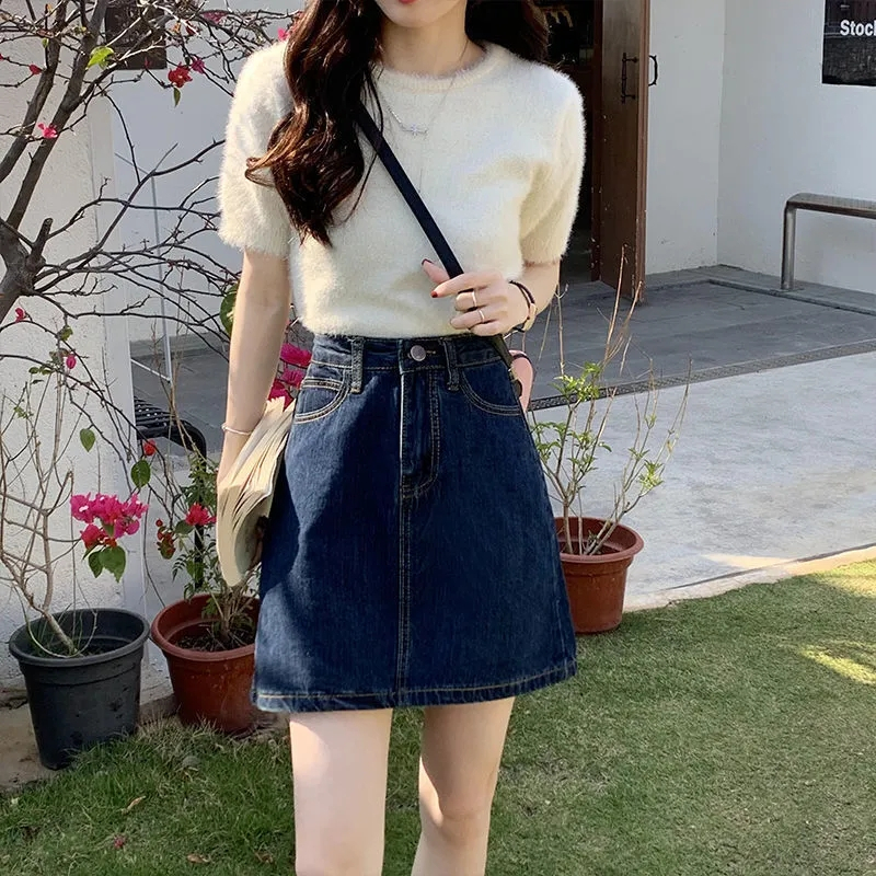Chân Váy Denim Chữ a Xẻ Tà Phong Cách Retro