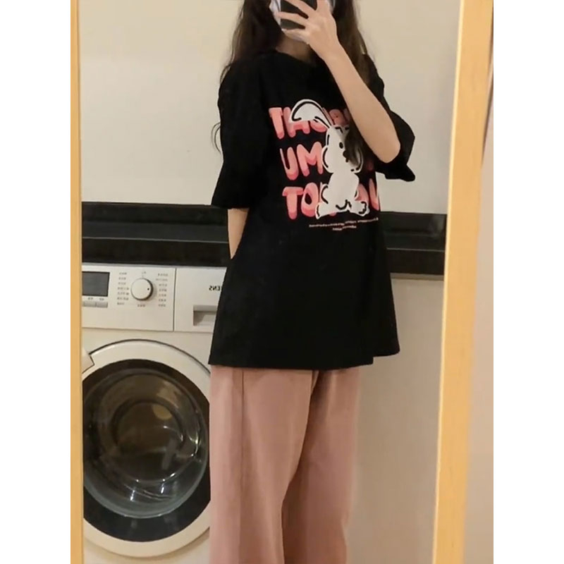 Áo Thun Tay Ngắn Dáng Rộng Chất Liệu Cotton In Hoạ Tiết Thỏ Màu Đen / Hồng Có Size Lớn 3xl Thời Trang Cho Nam Và Nữ 180g