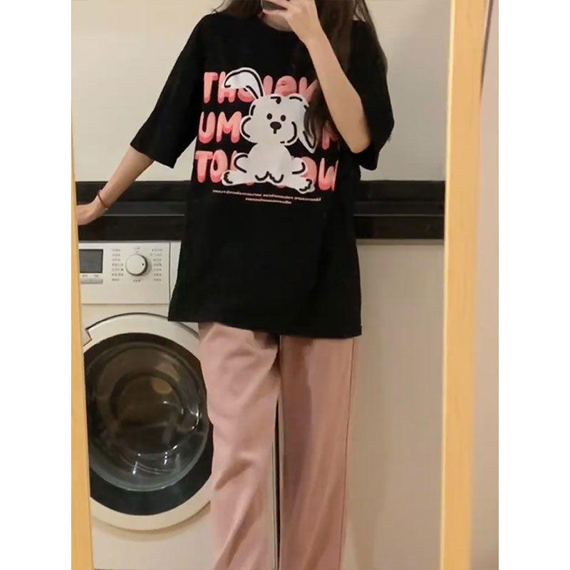 Áo Thun Tay Ngắn Dáng Rộng Chất Liệu Cotton In Hoạ Tiết Thỏ Màu Đen / Hồng Có Size Lớn 3xl Thời Trang Cho Nam Và Nữ 180g