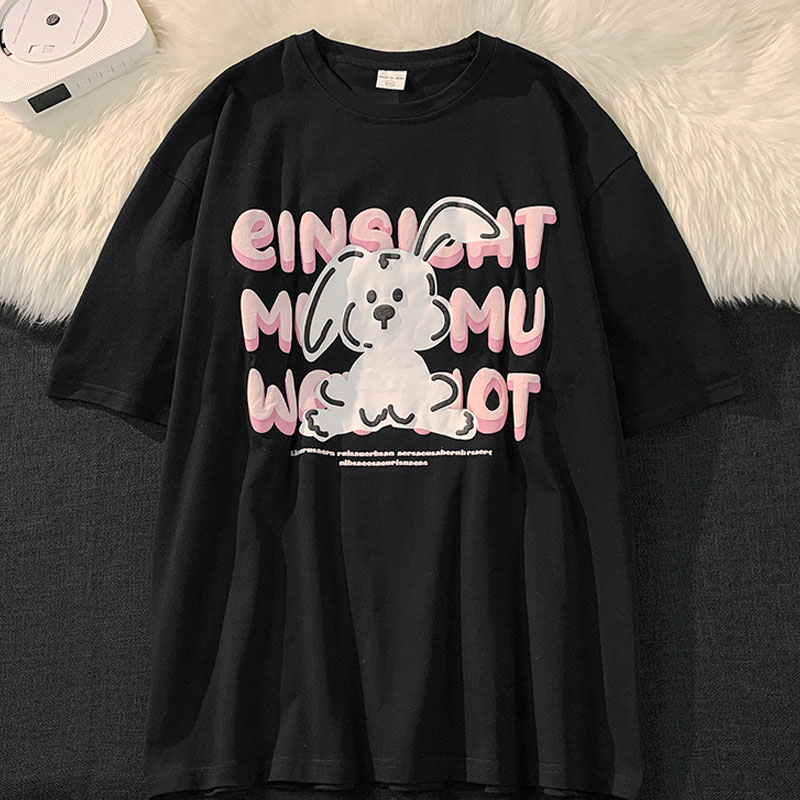 Áo Thun Tay Ngắn Dáng Rộng Chất Liệu Cotton In Hoạ Tiết Thỏ Màu Đen / Hồng Có Size Lớn 3xl Thời Trang Cho Nam Và Nữ 180g