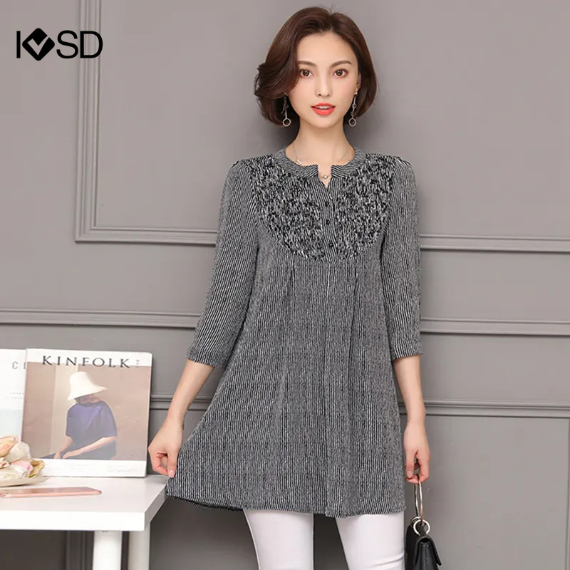 Áo Blouse Nữ Plus Size Tay 3 / 4 Họa Tiết Sọc Dọc Thanh Lịch