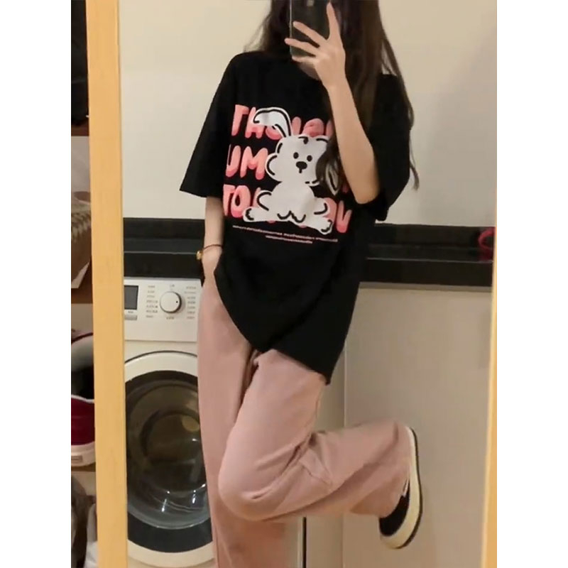 Áo Thun Tay Ngắn Dáng Rộng Chất Liệu Cotton In Hoạ Tiết Thỏ Màu Đen / Hồng Có Size Lớn 3xl Thời Trang Cho Nam Và Nữ 180g