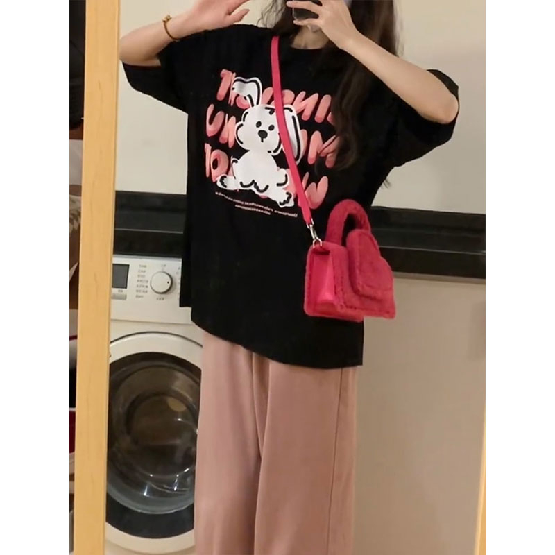 Áo Thun Tay Ngắn Dáng Rộng Chất Liệu Cotton In Hoạ Tiết Thỏ Màu Đen / Hồng Có Size Lớn 3xl Thời Trang Cho Nam Và Nữ 180g