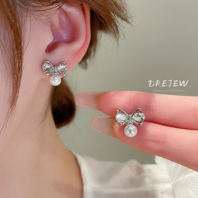 DREJEW Khuyên tai hình nơ đính kim cương và ngọc trai giả ngọt ngào đơn giản