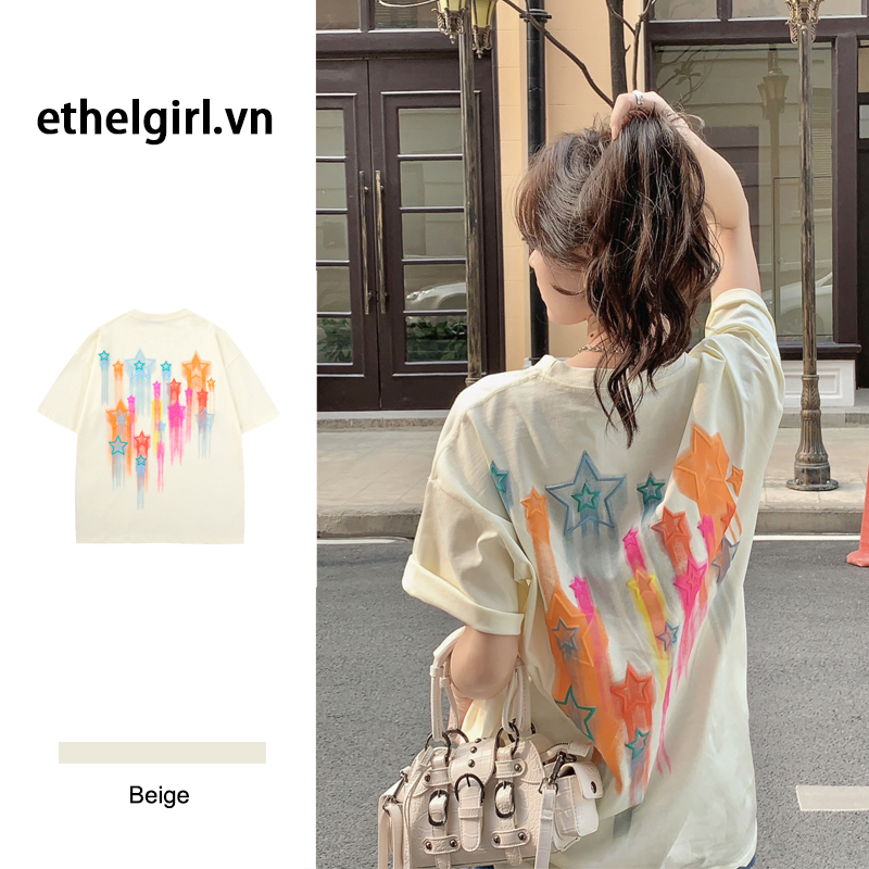 Ethelgirl Áo Thun Nữ Ngắn Tay Cổ Tròn In Hình Thời Trang Hàn Quốc