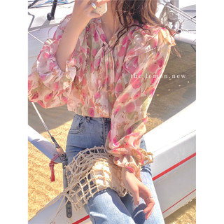 [Seckill] Retro Thời Gian Hồng Kông Phong Cách Hoa Hồng Áo Sơ Mi Voan Dài Tay Top Xuân Thu Thiết Kế Lớp Lót Niche