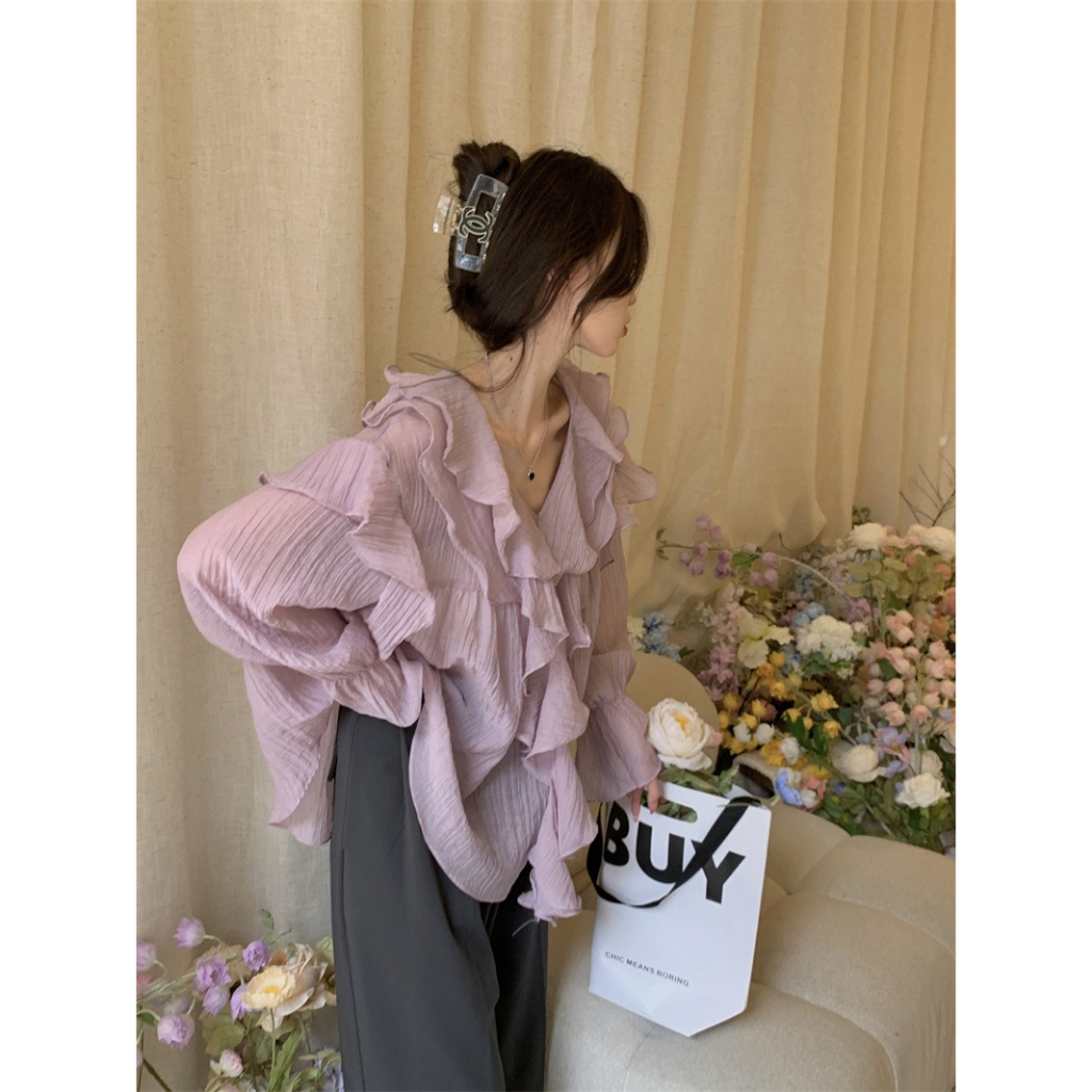 ZHELIHANGFEI Áo Sơ Mi Chiffon Tay Dài Cổ Chữ v Phối Bèo Màu Tím Ngọt Ngào Phong Cách Pháp Thời Trang Mùa Xuân Cho Nữ