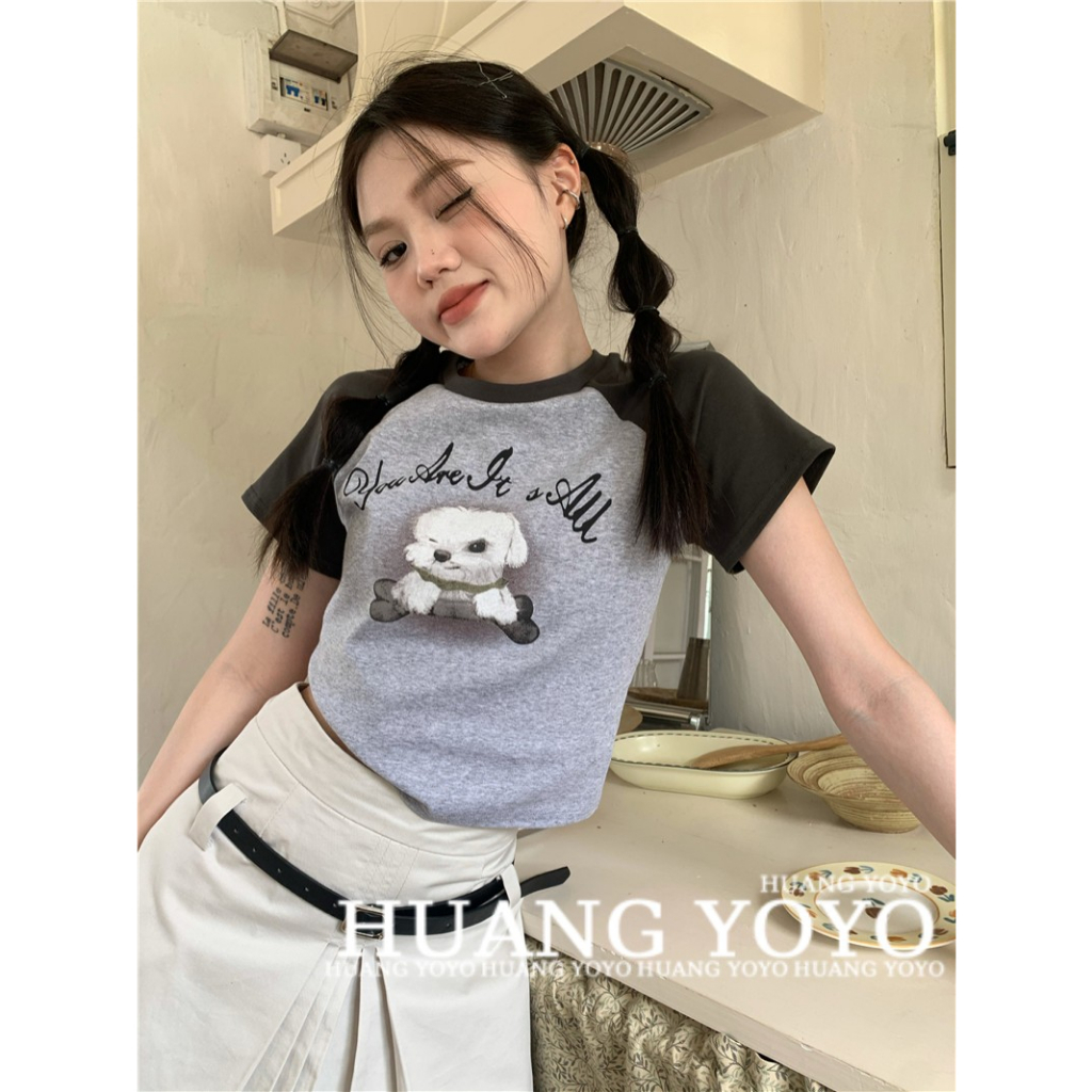 Áo Thun Crop Top Tay Ngắn Cổ Tròn In Hình Chú Chó Phong Cách Retro Mỹ Cho Nữ