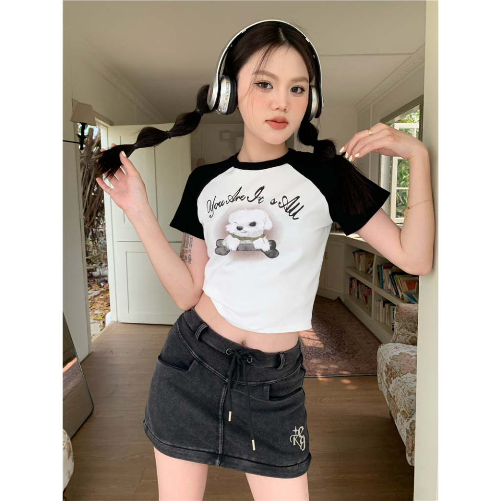 Áo Thun Crop Top Tay Ngắn Cổ Tròn In Hình Chú Chó Phong Cách Retro Mỹ Cho Nữ