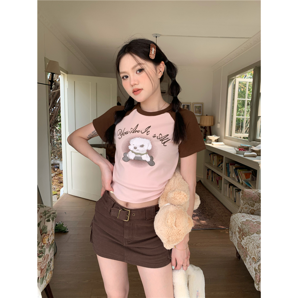 Áo Thun Crop Top Tay Ngắn Cổ Tròn In Hình Chú Chó Phong Cách Retro Mỹ Cho Nữ