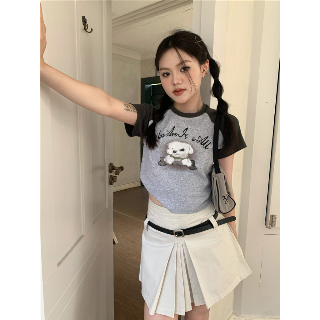 Áo Thun Crop Top Tay Ngắn Cổ Tròn In Hình Chú Chó Phong Cách Retro Mỹ Cho Nữ