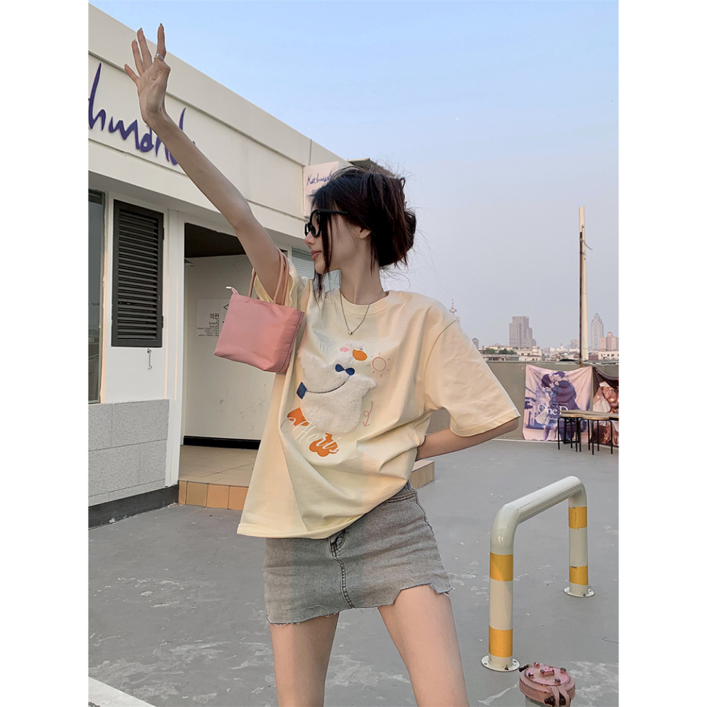 Áo Thun Ngắn Tay Dáng Rộng Thêu Họa Tiết Hoạt Hình Xinh Xắn Theo Phong Cách Mùa Hè