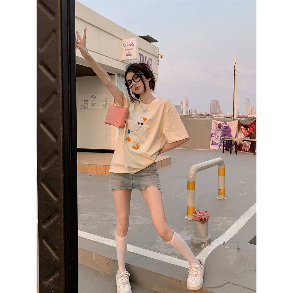 Áo Thun Ngắn Tay Dáng Rộng Thêu Họa Tiết Hoạt Hình Xinh Xắn Theo Phong Cách Mùa Hè