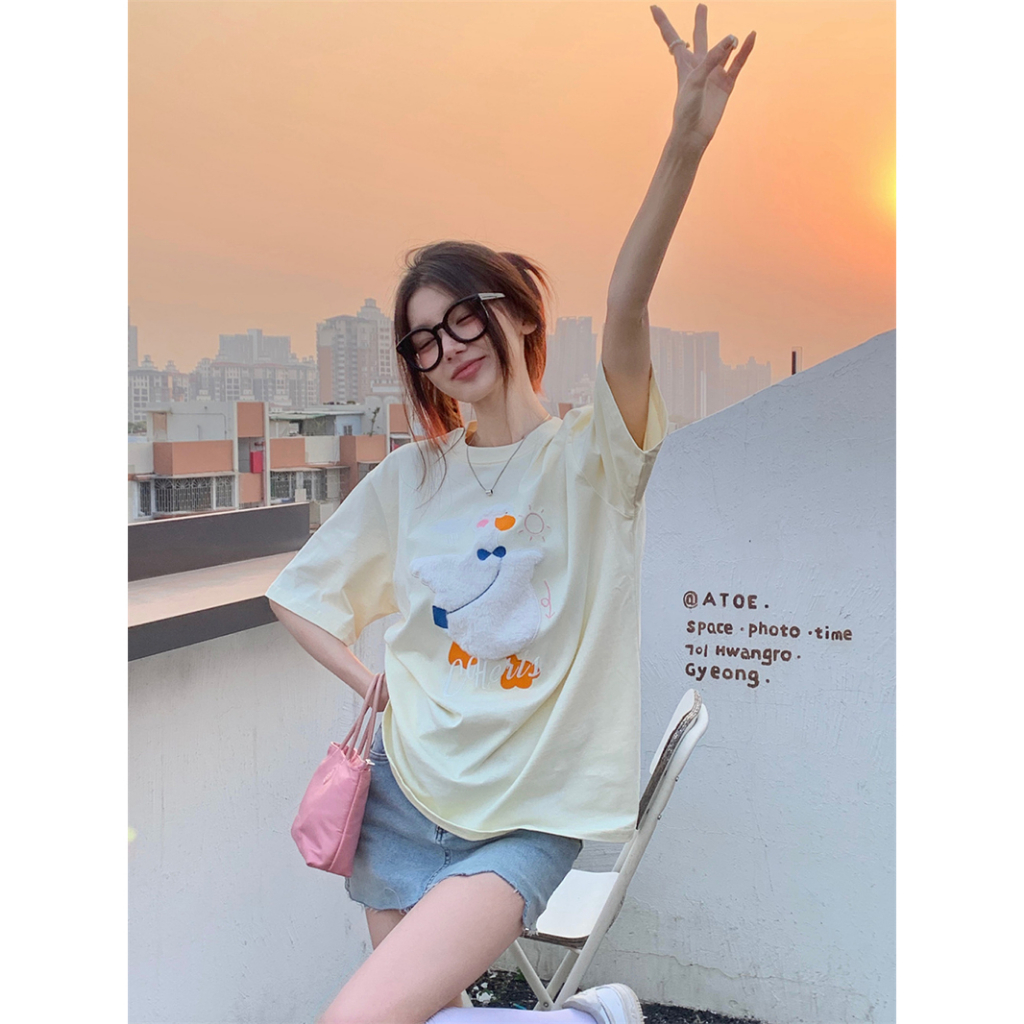 Áo Thun Ngắn Tay Dáng Rộng Thêu Họa Tiết Hoạt Hình Xinh Xắn Theo Phong Cách Mùa Hè
