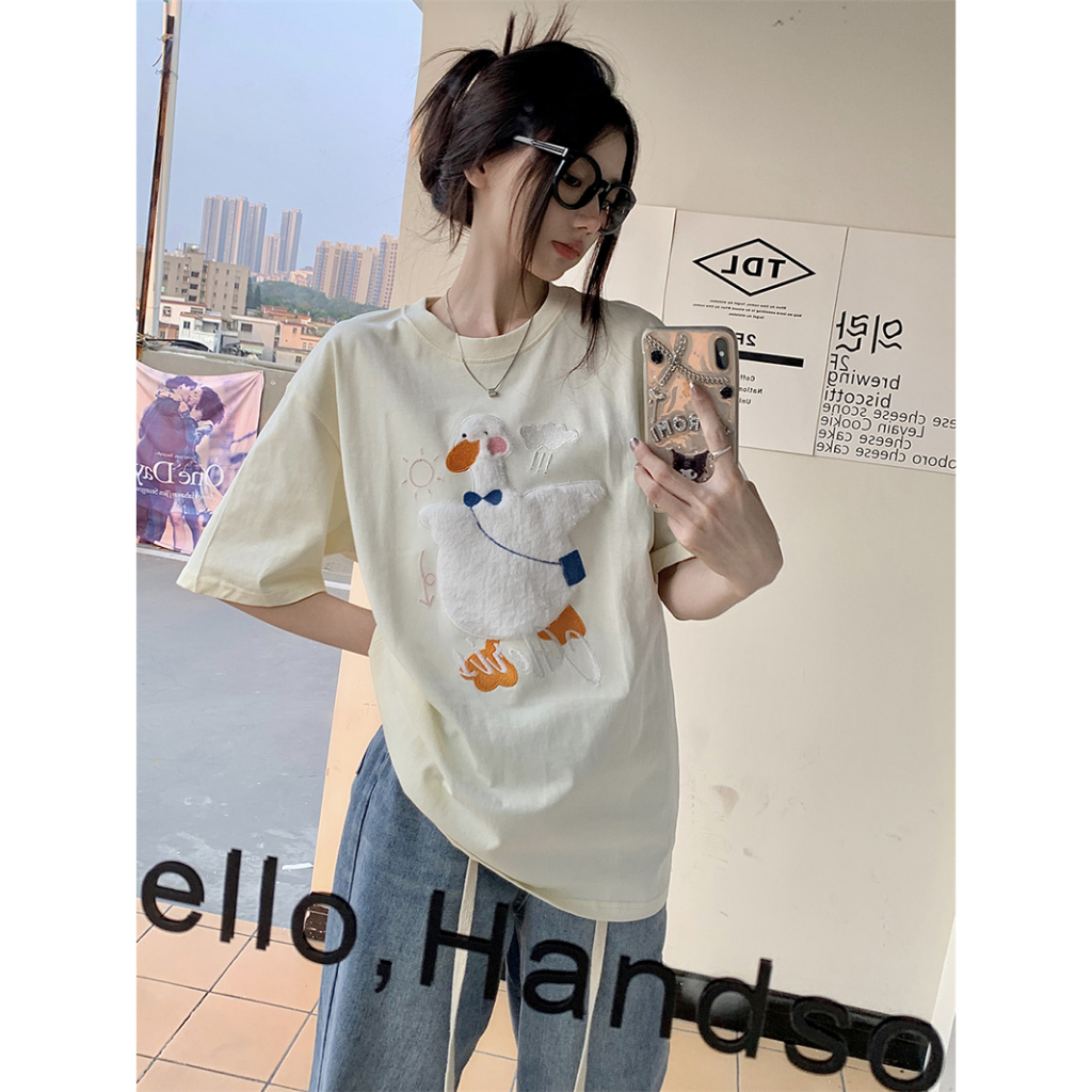 Áo Thun Ngắn Tay Dáng Rộng Thêu Họa Tiết Hoạt Hình Xinh Xắn Theo Phong Cách Mùa Hè