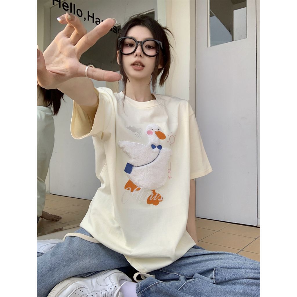 Áo Thun Ngắn Tay Dáng Rộng Thêu Họa Tiết Hoạt Hình Xinh Xắn Theo Phong Cách Mùa Hè