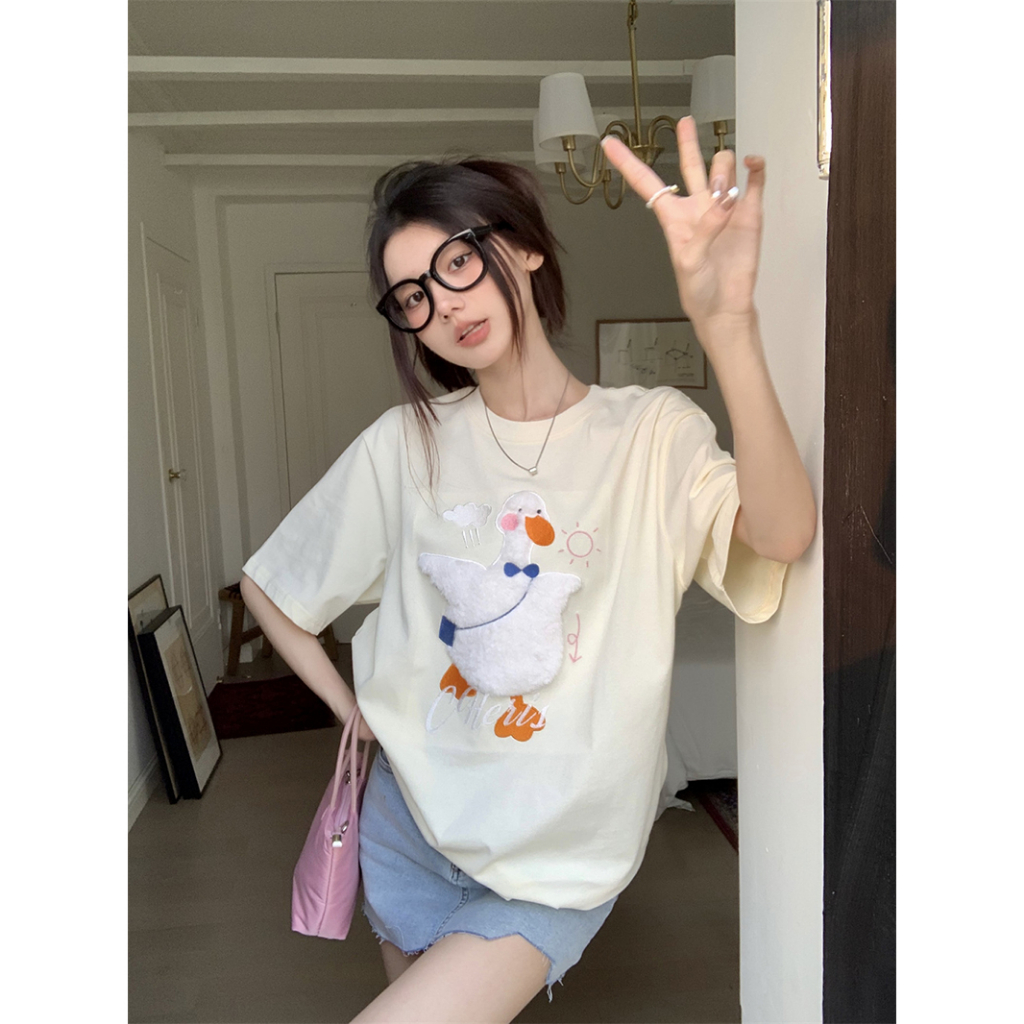 Áo Thun Ngắn Tay Dáng Rộng Thêu Họa Tiết Hoạt Hình Xinh Xắn Theo Phong Cách Mùa Hè