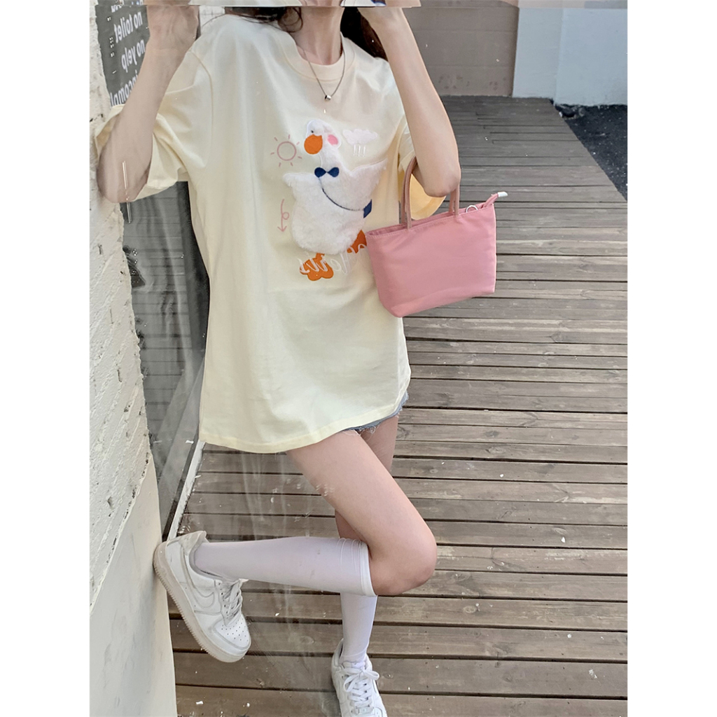 Áo Thun Ngắn Tay Dáng Rộng Thêu Họa Tiết Hoạt Hình Xinh Xắn Theo Phong Cách Mùa Hè