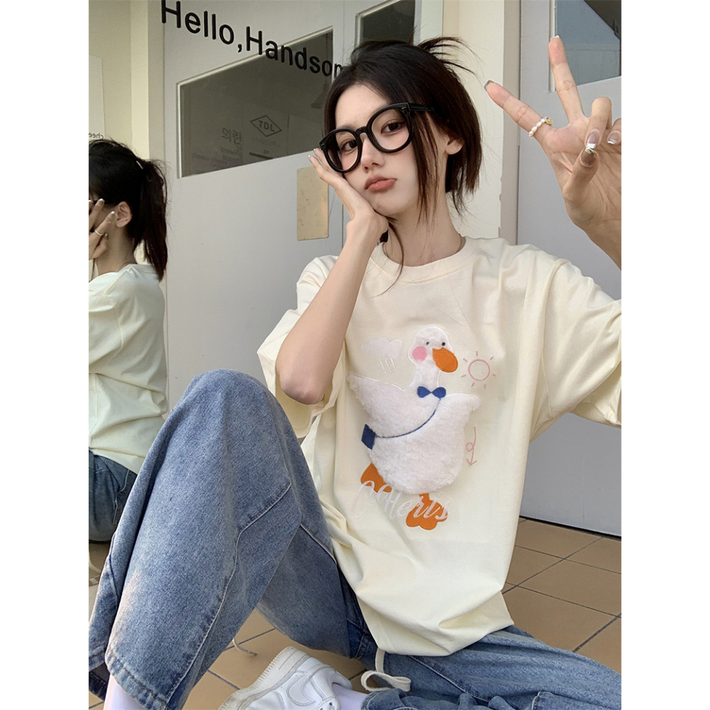 Áo Thun Ngắn Tay Dáng Rộng Thêu Họa Tiết Hoạt Hình Xinh Xắn Theo Phong Cách Mùa Hè