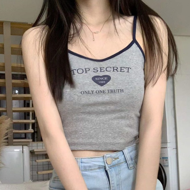 Áo Hai Dây Dáng Ngắn Form Ôm In Chữ Thời Trang Mùa Hè