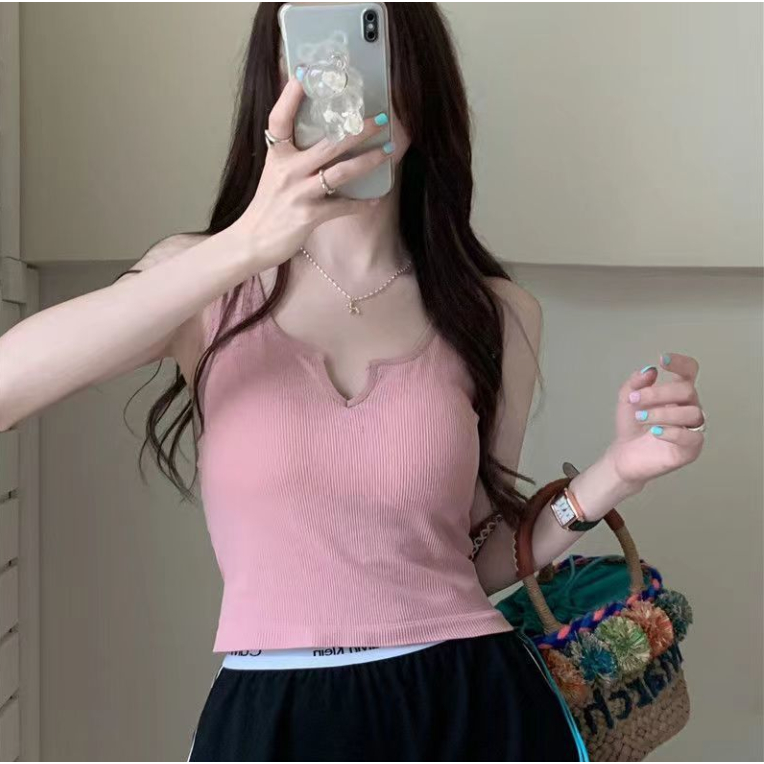 Niche Áo Hai Dây Màu Trơn Có Đệm Ngực Chống Chói Phong Cách Thể Thao Thoải Mái Dễ Phối Đồ