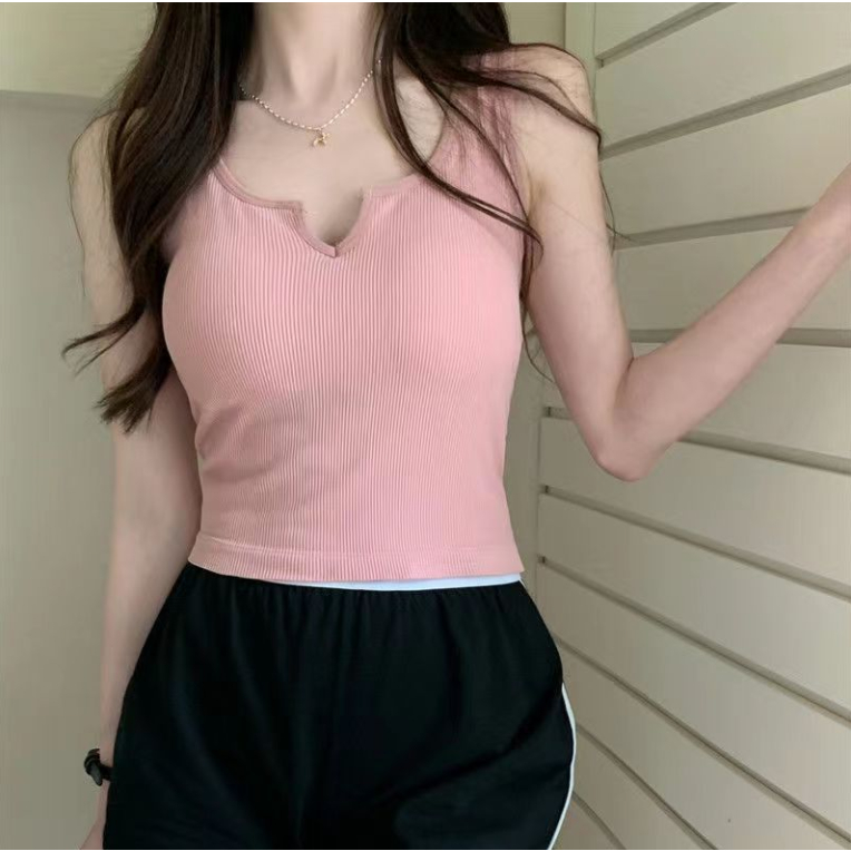 Niche Áo Hai Dây Màu Trơn Có Đệm Ngực Chống Chói Phong Cách Thể Thao Thoải Mái Dễ Phối Đồ