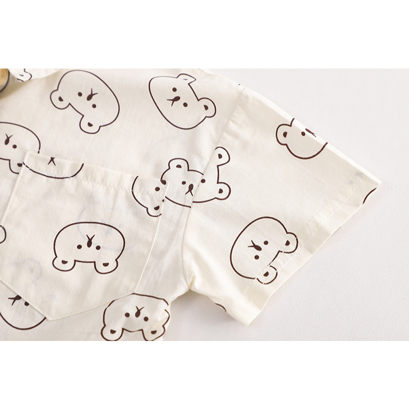 Set Đồ 2 Món Gồm Áo Sơ Mi Cotton In Hình Gấu Và Quần Ngắn Thời Trang Cho Bé Trai