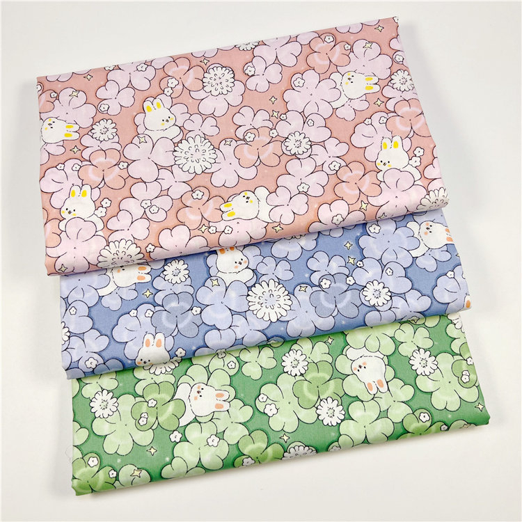 (Hàng Mới Về) Vải cotton Chải kain bidang 60 '', Bốn Lá, Thiết Kế Hình Thỏ Và Cỏ Bốn Lá Chất Liệu cotton kain 60 ''