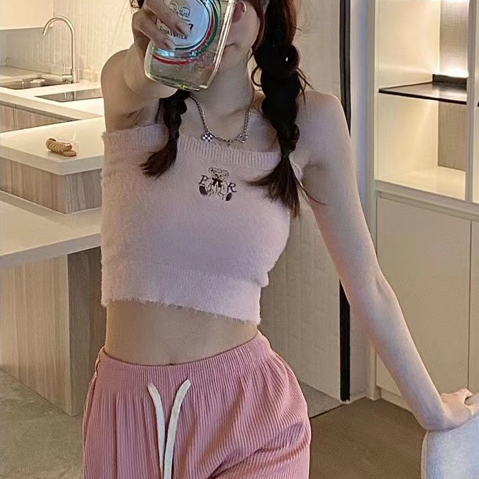 Áo Hai Dây Dệt Kim Ôm Dáng Ngắn Thêu Họa Tiết Màu Đen / Hồng