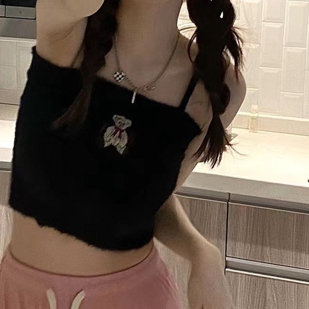 Áo Hai Dây Dệt Kim Ôm Dáng Ngắn Thêu Họa Tiết Màu Đen / Hồng