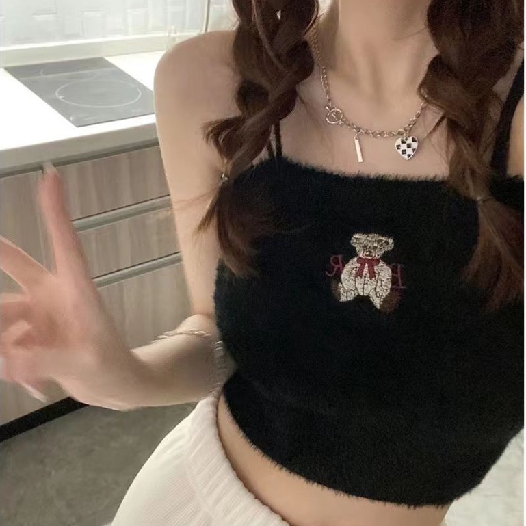 Áo Hai Dây Dệt Kim Ôm Dáng Ngắn Thêu Họa Tiết Màu Đen / Hồng