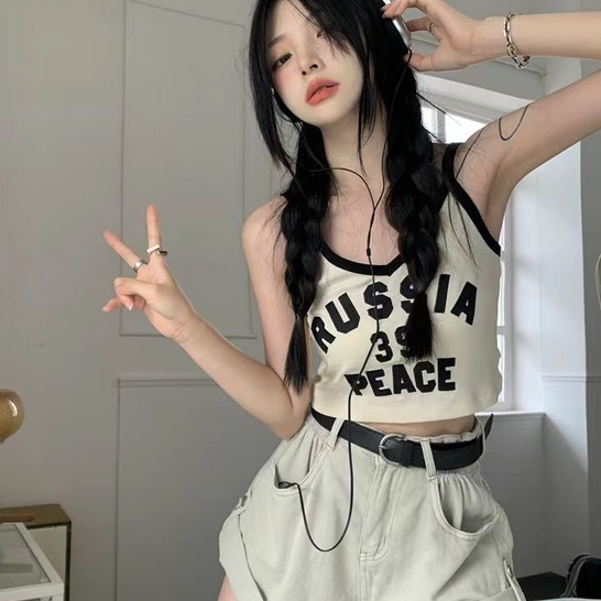 Áo Hai Dây Dáng Ôm Ngắn In Chữ Phong Cách Retro Mỹ Thời Trang Mùa Hè Quyến Rũ