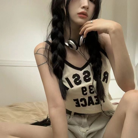 Áo Hai Dây Dáng Ôm Ngắn In Chữ Phong Cách Retro Mỹ Thời Trang Mùa Hè Quyến Rũ