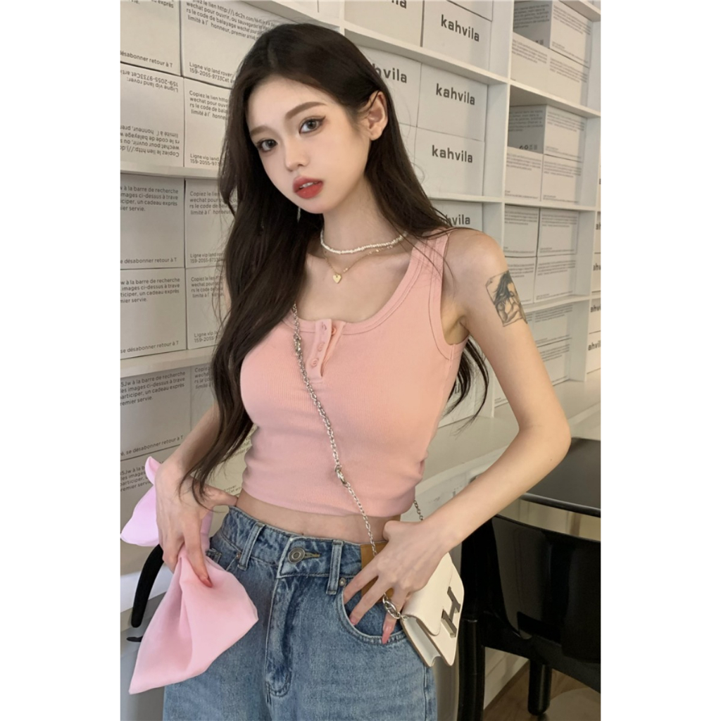 ZHELIHANGFEI Áo Thể Thao Hai Dây Ngắn Màu Hồng Ngọt Ngào Phong Cách Pháp Thời Trang Mùa Hè Cho Nữ